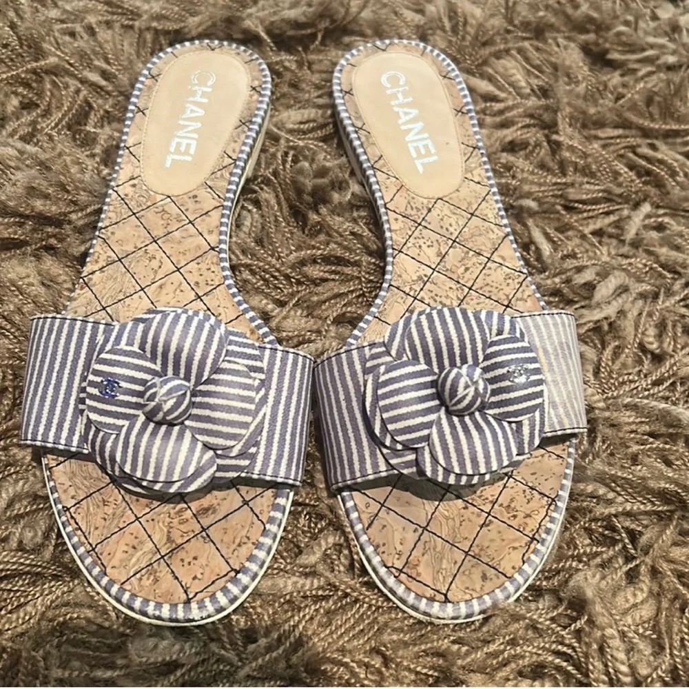 CHANEL Striped Sandals in Blue and Tan - Picture 1 of 5